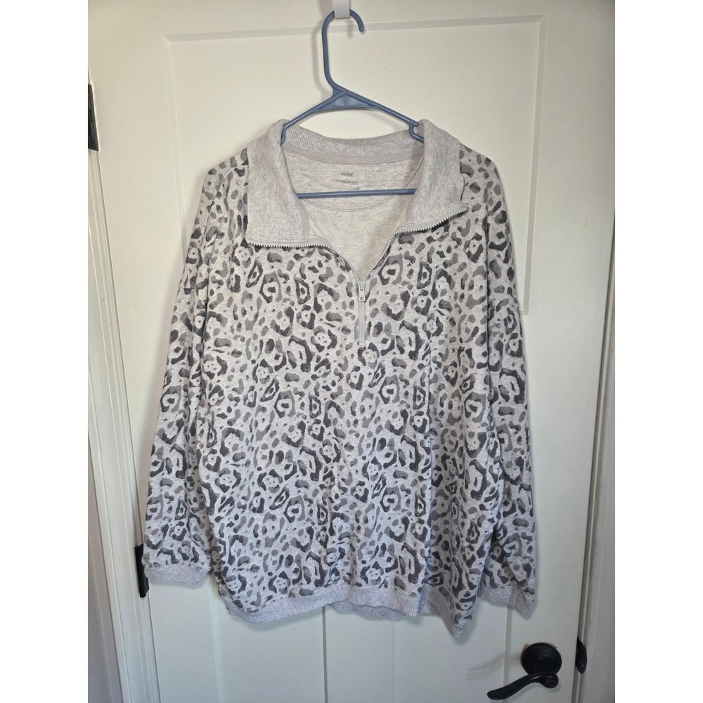Aerie Womens Gray Leopard Print Quarter Zip Sweatshirt Mock Neck Pullover M/L